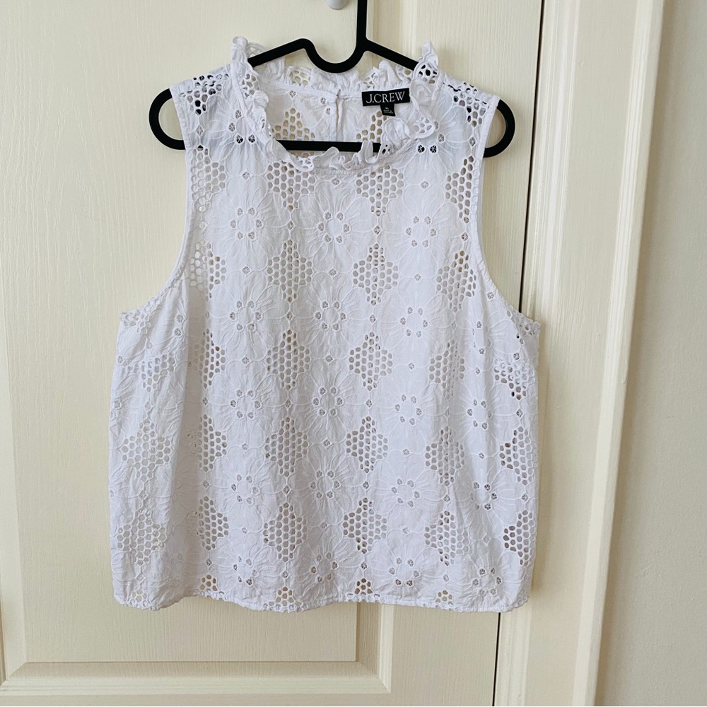 $128 NWOT J.Crew Fleur Ruffle Mock Neck White Eyelet Sleeveless Top Blouse XL - Picture 4 of 11